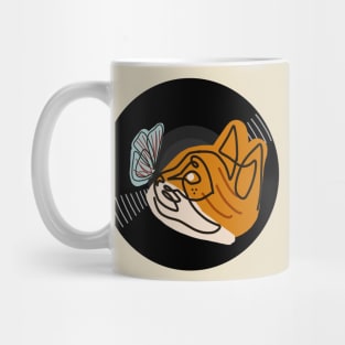 Vinyl - Cat gold and white and Butterlfy blue and red minimalist line art Mug